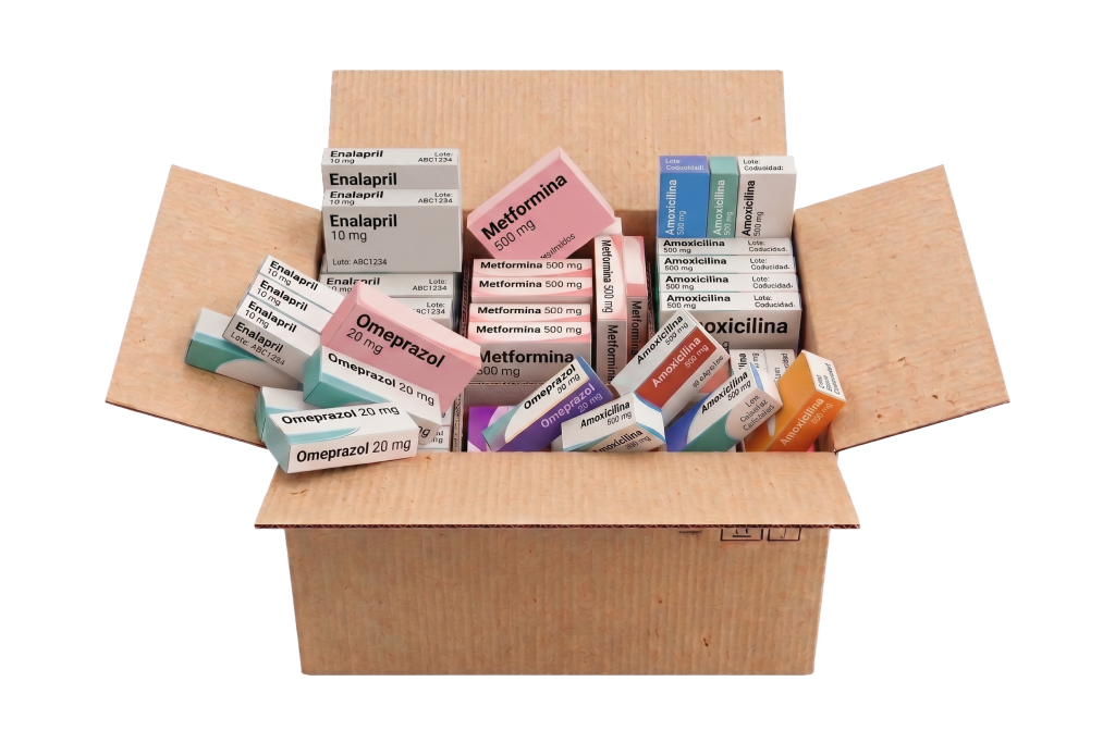 Caja abierta con diversos medicamentos distribuidos por Cabsor